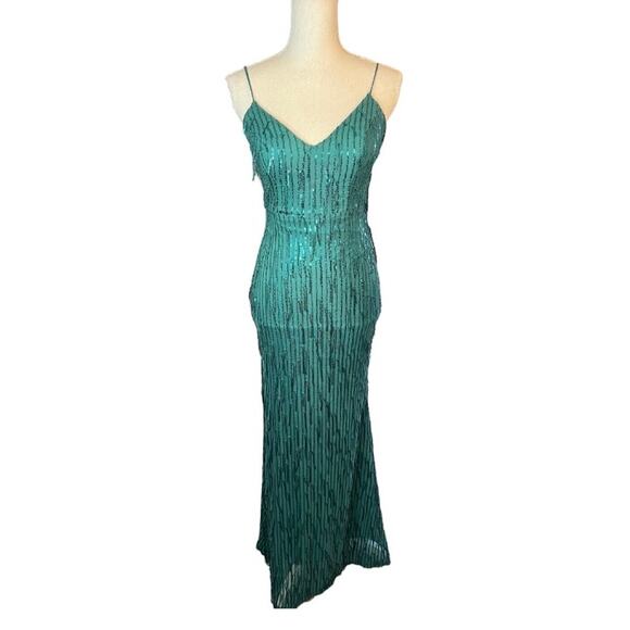 City studio green sequin fringe v-neck gown formal prom emerald - Picture 2 of 8